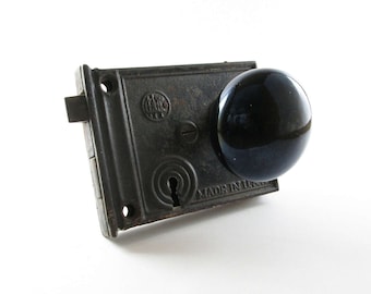 Vintage Black Porcelain Door Knob Assembly Lock Handle 1930s Antique Hardware Salvage Restoration