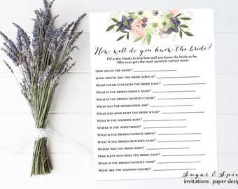 Bridal Shower Game Printable, How Well Do you Know the Bride Shower Game, Printable Bridal Shower Games, Instant Download