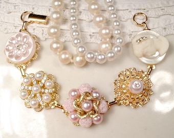 OOAK Blush Pink, Ivory Pearl & Rhinestone Gold Bridal Bracelet, Vintage Wedding Cluster Earring Bracelet, Bridesmaid Jewelry Gift 1950 1960