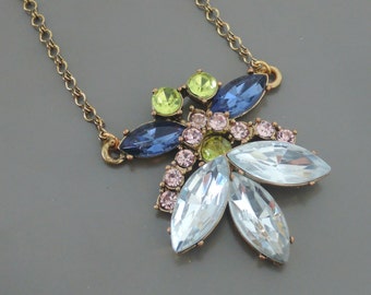 Statement Necklace - Rhinestone Necklace - Sapphire Blue Necklace - Flower Necklace - Pendant Necklace - Upcycle Necklace - Handmade Jewelry