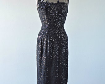 1960s Cocktail Dress...Vintage FRANK STARR Black Sequin Cocktail Dress Party Dress