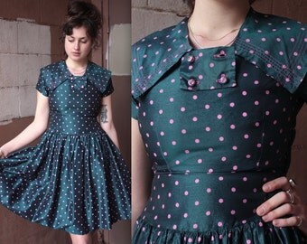 Vintage 1950s Dress // 50's Teal Blue and Pink Polka Dot Taffeta Party Dress // Sailor Collar Pleated Skirt Dress // DIVINE