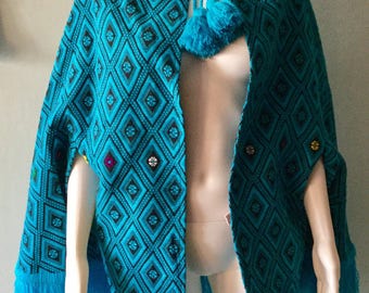 Vintage 1970s Blue and Black Guatemala Poncho