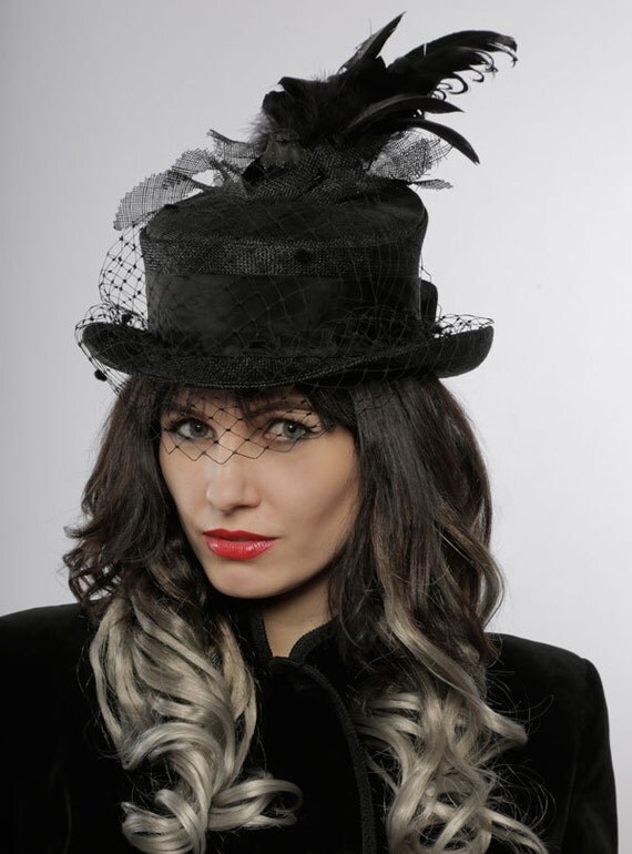 Black hat with bird and veil large gothic top hat