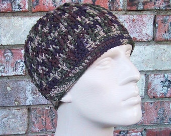 CAMO Beanie - Mens Hat Size Medium - Hunting Gear - Hand Crocheted Soft Acrylic Yarn - Handmade - Super Warm Winter Cap - Camouflage Colors