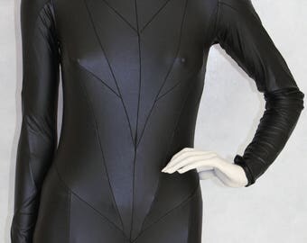 Black leather look like Catsuit Jumpsuit Catwoman Unitard Leotard Bodysuit Costume Long Sleeve PVC fabric with Back Zipper complex pattern