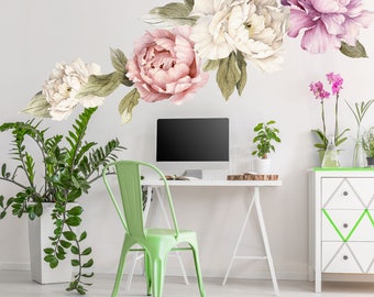 Floral Wall Mural - Large Peony Wall Stickers - Watercolor Peony Wallpaper - Peel and Stick Removable Wall Decals - Removable Wallpaper