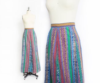 Vintage 1970s Maxi Skirt - Ethnic Printed Full Length Boho - Medium