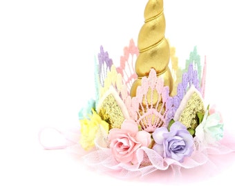 Unicorn flower lace crown headband || gold + pastels || Unicrown || Photography Prop