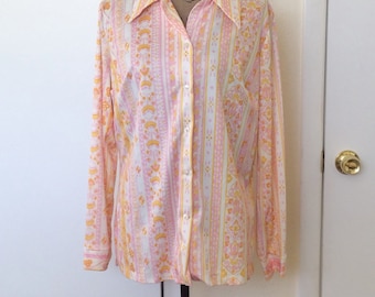 1960s Day Glo Button Up Blouse -size Large