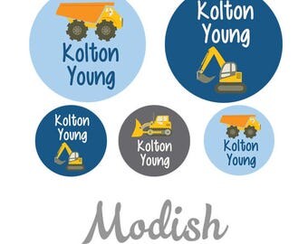 Dishwasher Safe Name Labels, Boy, Circles, Daycare Name Labels, School Name Labels, Waterproof Labels, Construction, Dump Truck, Bulldozer