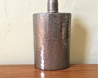 Vintage Hip Flask Curved Made In Germany Tin Lined, Hammered Chrome ? U.S. Zone, German Hip Flask 1940s WWII