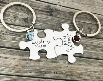 Birthstone Puzzle Keychains, Mom Dad Keychains, Custom Puzzle keychains with birthstone charms, couples gift