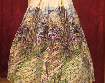 Amazing! 1950s Painterly Cotton Border Print Skirt
