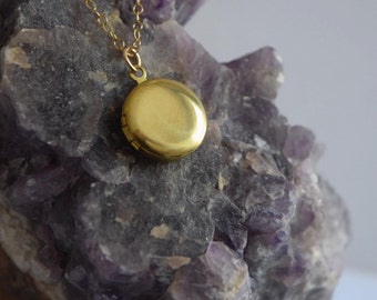 tiny vintage raw brass locket necklace, 14k gold filled chain, bohemian charm necklace, birthday gift, gift for her, minimal layering