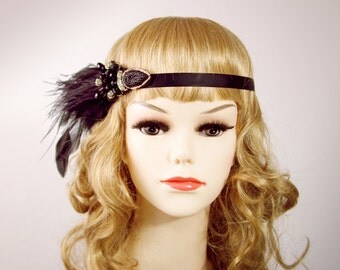 Art Deco Headband Black Gold Headband - Flapper Girl Headband 1920 20s Headband - Feather Headband