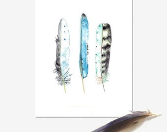 Blue Feather Print, Boho Wall Art, Australian Seller, Nature Decor, Watercolour Painting, Aqua blue artwork