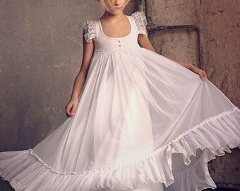 First Communion Dress/Flower Girl White Chiffon Dress/Boho-chic Girls Dress/Chiffon dress for girls/Boho flower girl dress,Bohemian Wedding