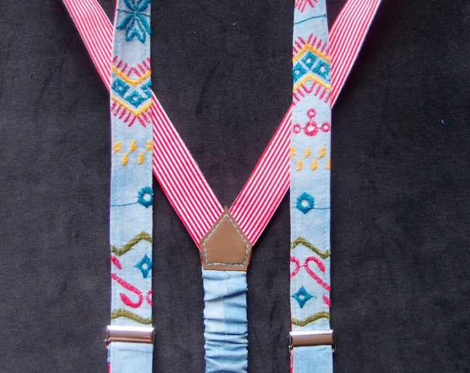 Embroidered Womens Suspenders, Light Blue Floral Suspenders, Universal Size Women Braces, Party Suspenders, Striped Scandinavian Braces