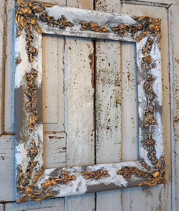 Distressed wood picture frame w/ gesso rose by AnitaSperoDesign