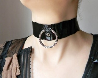 Black Leather O Ring wide choker, BDSM Collar Submissive collar, Neck Corset, Fetish Jewelry, Dominatrix Collar Cuff Necklace, Fetish Collar