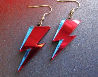 Ziggy Stardust Red and Blue Mirrored Acrylic David Bowie Lightning Dangle Earrings