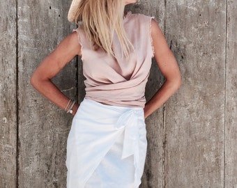 Ziggy Linen Top - Tie Styling Detail, Dust Pink Linen, Wrap Top, Linen Tie Top, Linen Tank