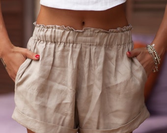 Linen Zoe Shorts, White, Natural or Black Linen High Waisted Shorts with Pockets - Summer Shorts