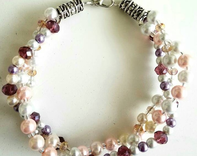Pink White Purple Silver Crystal Beaded Braided Lobster Hook Bracelet