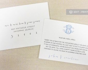 Custom Monogram Thank You Cards { DOWNLOAD. EDIT. PRINT. } Wedding Thank You Card || Custom Watercolor Monogram