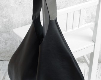 Black Hobo Bag Grey Handle/Shoulder Leather Hobo Bag/Large Leather Hobo Bag/Big Leather Hobo Bag/Slouch Bag/Ready to ship