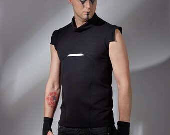 Black cyberpunk vest with reflective fabric inserts, avant garde tank top, sleeveless alternative shirt - PRI man