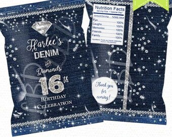 Denim & Diamond Treat Bag Printable, Candy Bag, Chip Bag, Party Bags | Style 71 | Any Age | 4.5" x 7"- YOU PRINT
