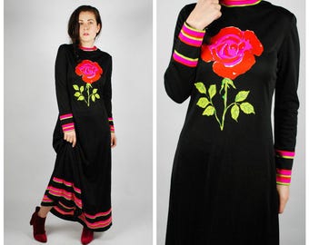 1970's Maxi Dress - 60's Mr. Dino Rose Dress - Boho Psychedelic Dress - Size