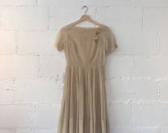 1950s Marta D Sheer Beige Dress // 50s Orange Floral Appliques Sheer Dress // 1950s Vintage Beige Fit and Flare Dress