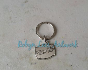 Silver Pillow Talk Stamped Pillow Cushion Keyring on Split Ring or Bag Clip. Cute, Couples, Costume, Different