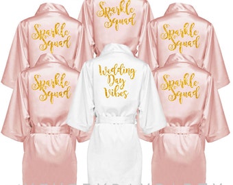bridesmaid robes set of 6, personalized blush gold glitter matching robes, bridesmaid gift, wedding day vibes, sparkle squad, bridal robe