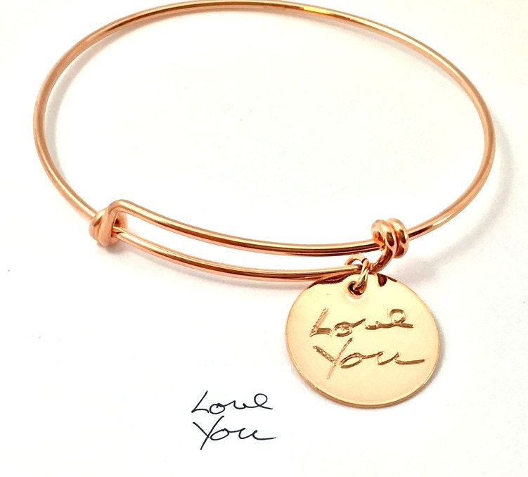 Actual Handwriting Bracelet - Rose Gold  Engraved Signature Disc Bracelet - Memorial Bracelet - Custom Disc Bracelet - Adjustable bracelet