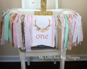 Tribal Boho chic highchair banner, Little Deer 1st birthday, cake smash photo prop, wild one, 1st birthday girl, Pink Gold pow wow tee pee