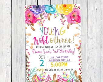 Boho Young Wild & Three Personalized birthday invitation- ***Digital File*** (Boho-Three17)