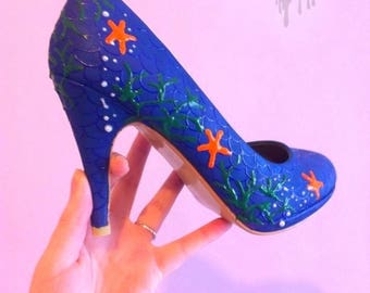 3D Washed up mermaid shoes with starfish and pearl bubble detail - Hand painted shoes with mermaid scales & seaweed for under water babes!