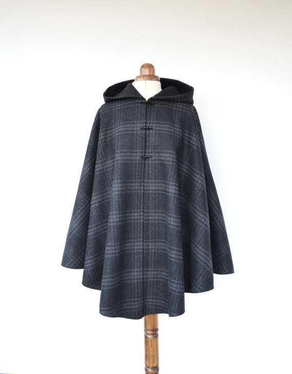 Tartan Wool Cape Winter Cape Coat Grey Hooded Cape Tartan