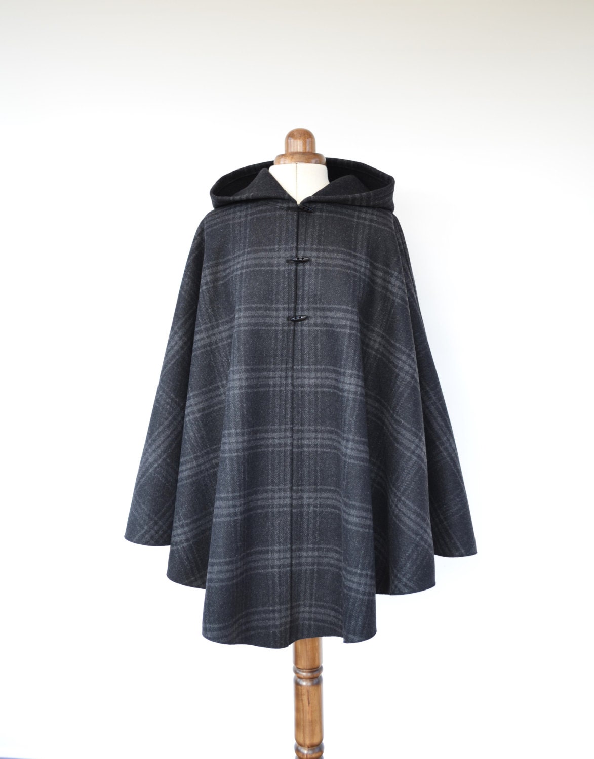 Tartan Wool Cape Winter Cape Coat Grey Hooded Cape Tartan