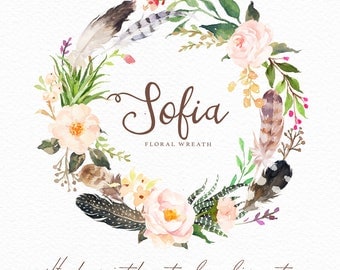 Watercolor floral wreath-Sofia/Individual PNG files/Hand Painted/Wedding design