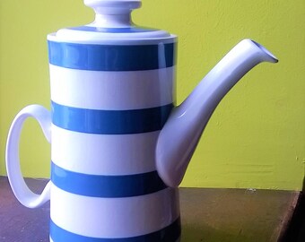 Cornishware coffee pot, vintage Staffordshire Chef Cordon Bleu Ironstone. Classic English blue and white striped pottery.
