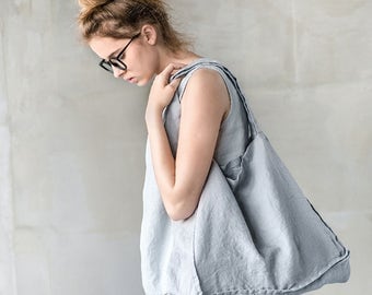 Large linen tote bag / linen beach bag / linen shopping bag in light elephant grey