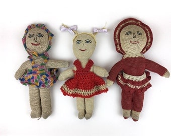 vintage handmade folk art doll, cloth doll, rag doll, fabric doll, crocheted dolls