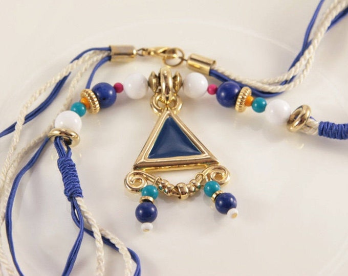 Aztec Necklace Vintage Beach Party Necklace White Blue Triangle Pendant Greece Fashion Gift To Her Turquoise Gold Color Native American