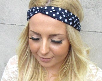 Rockabilly 1950s Navy Blue White Polka Dot Print Twist Turban Headband Hair 2325