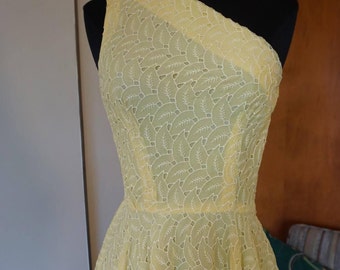 1950's Handmade Yellow Eyelet Fit and Flare One Shoulder Dress Size Small